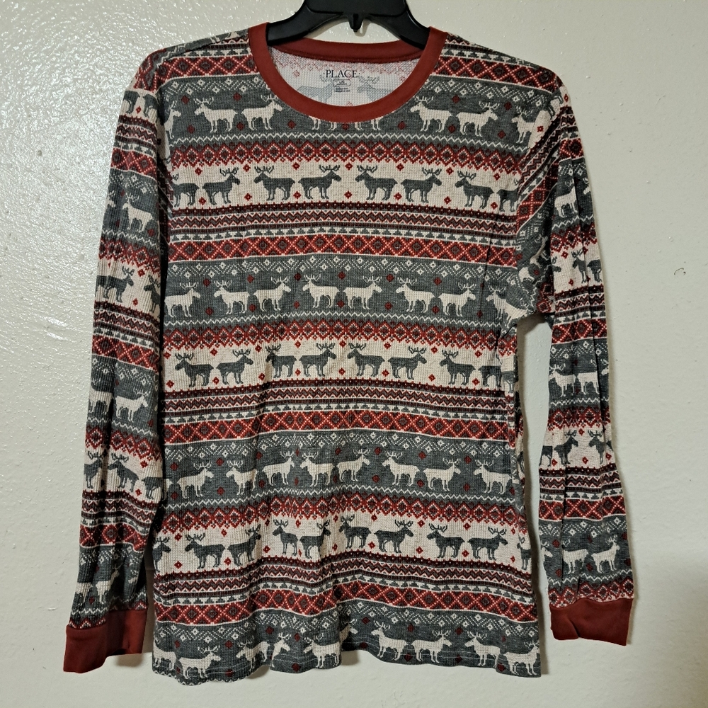 The Children's Place Boys Christmas Holiday Thermal‎ Moose Shirt Red Gray Large